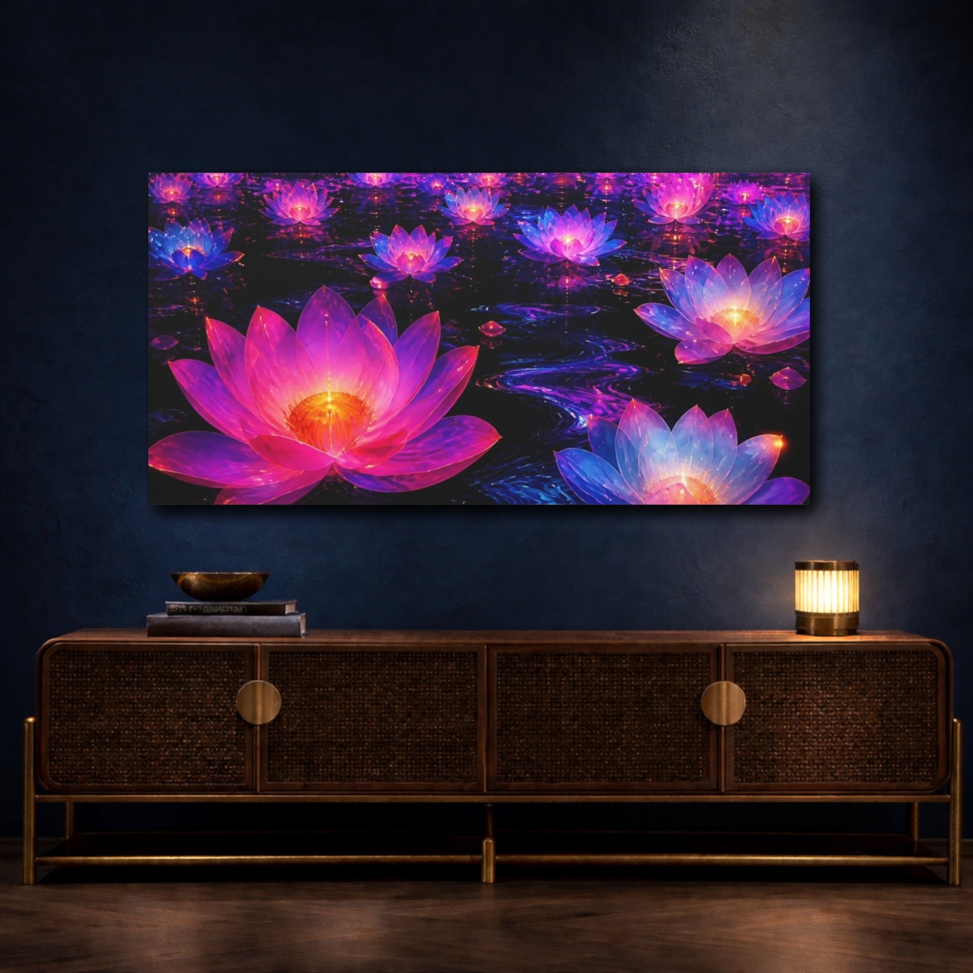 Mockup 4. Neon Lotus Glow shown as canvas print