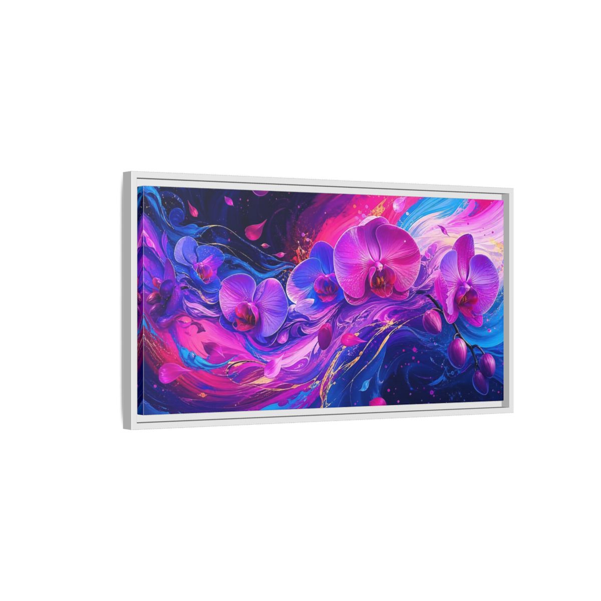 Side Mockup 1. Neon Orchid Swirl shown as framed canvas print