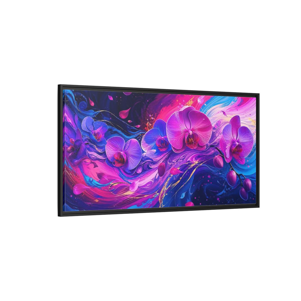 Side Mockup 5. Neon Orchid Swirl shown as framed canvas print