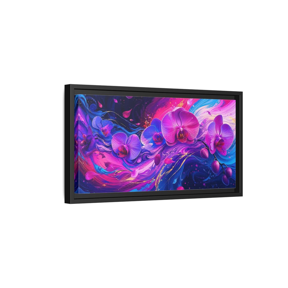 Side Mockup 8. Neon Orchid Swirl shown as framed canvas print