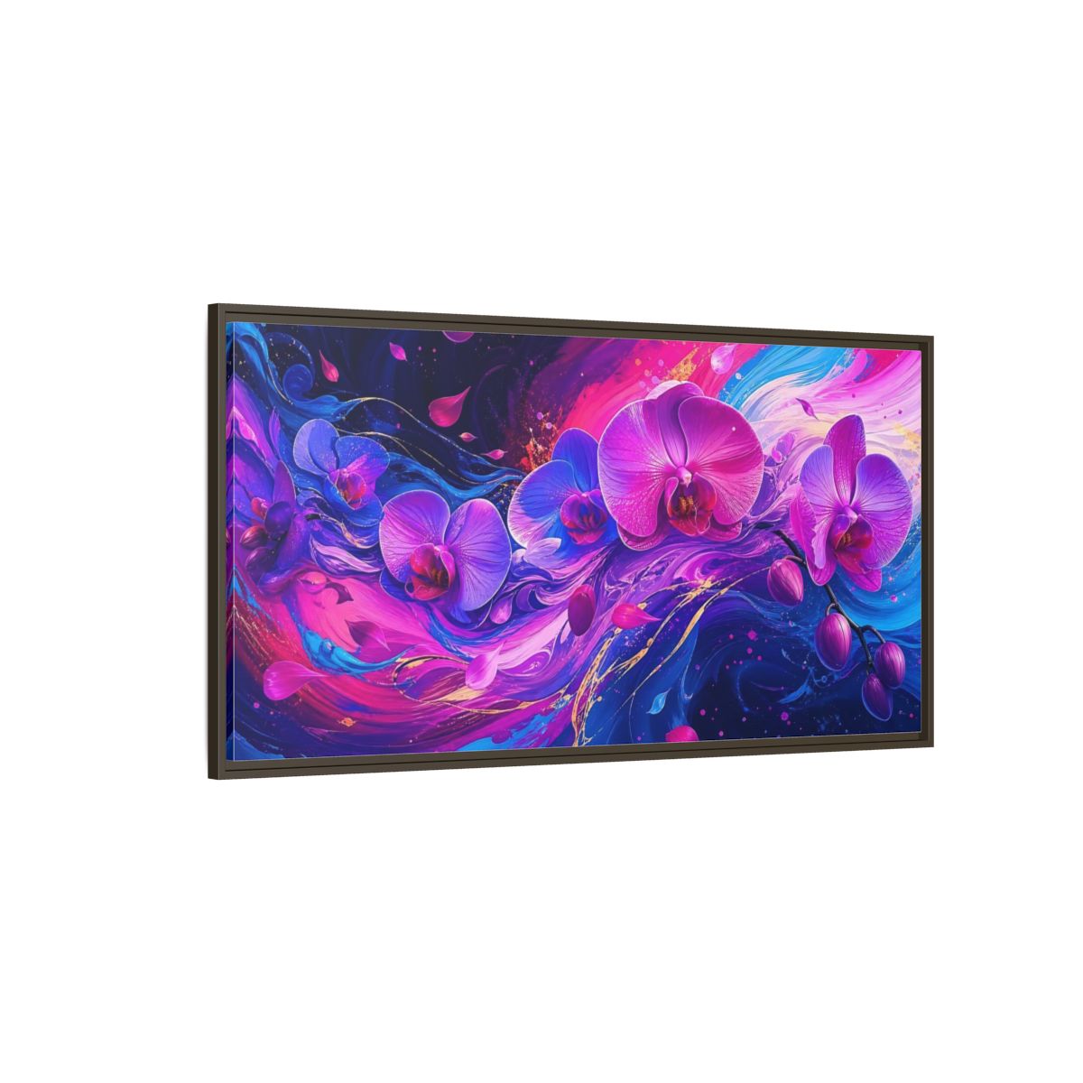 Side Mockup 4. Neon Orchid Swirl shown as framed canvas print