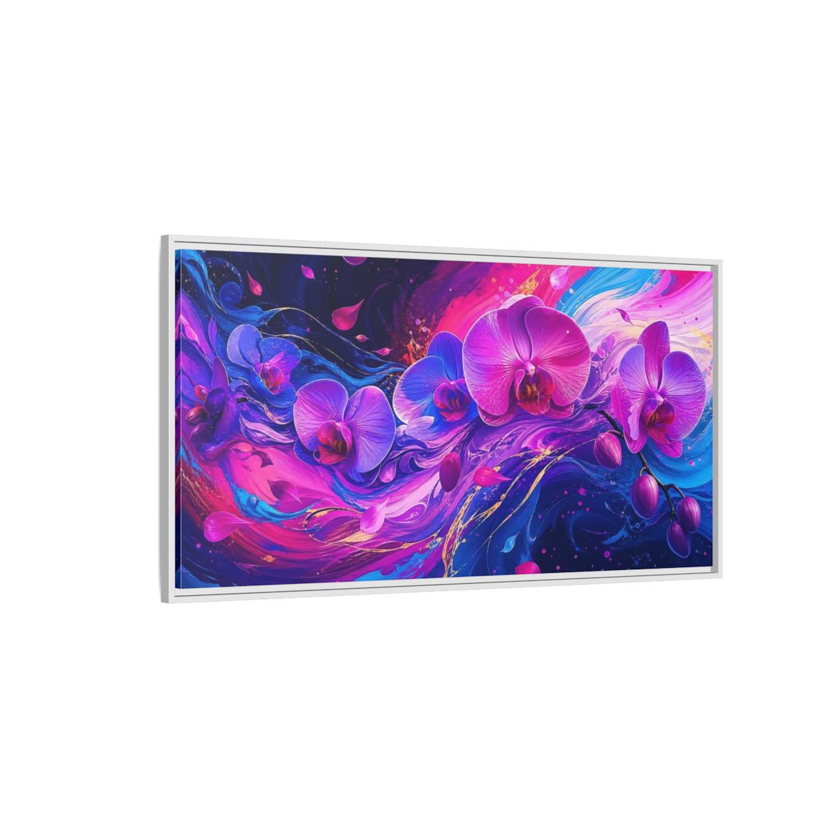 Side Mockup 3. Neon Orchid Swirl shown as framed canvas print