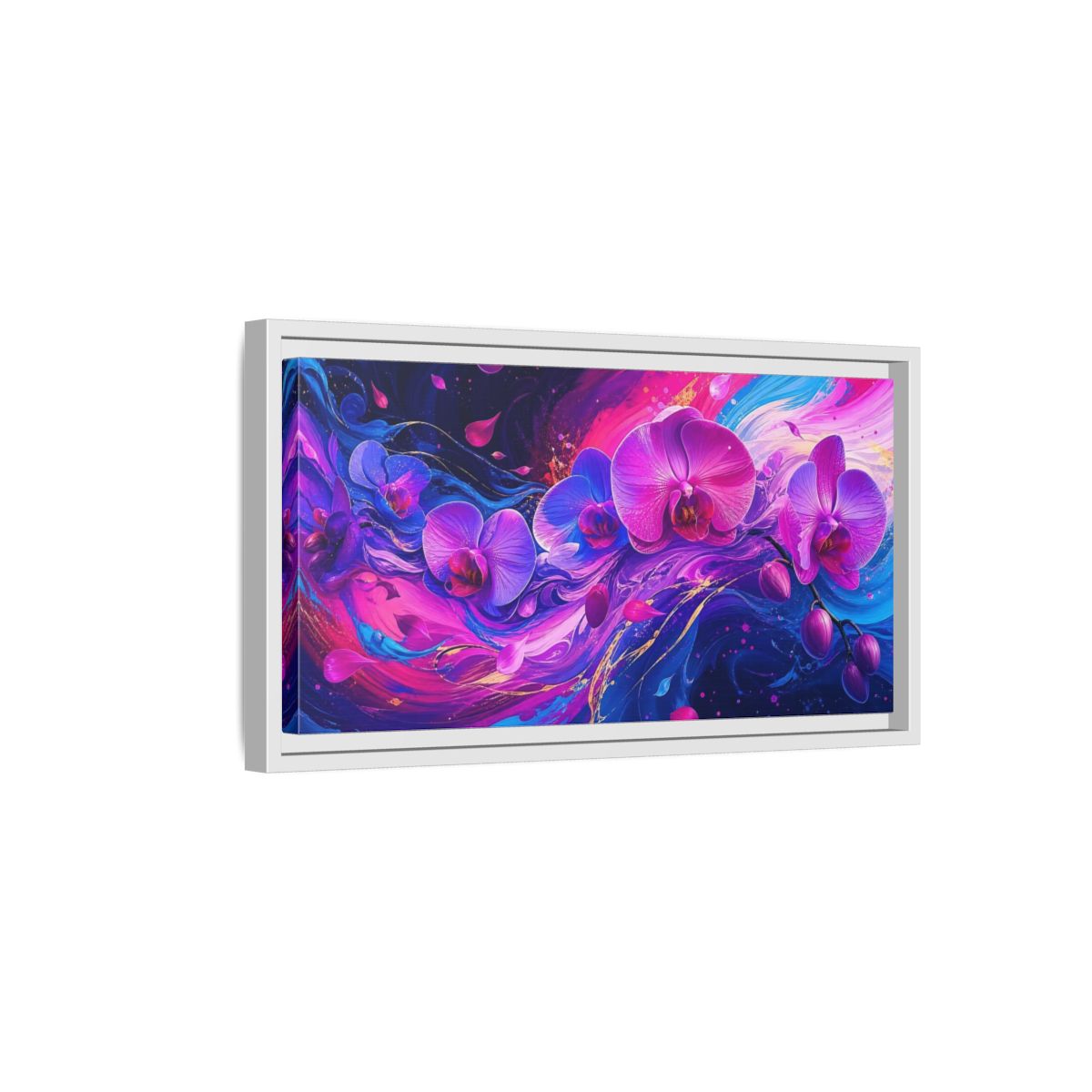 Side Mockup 6. Neon Orchid Swirl shown as framed canvas print
