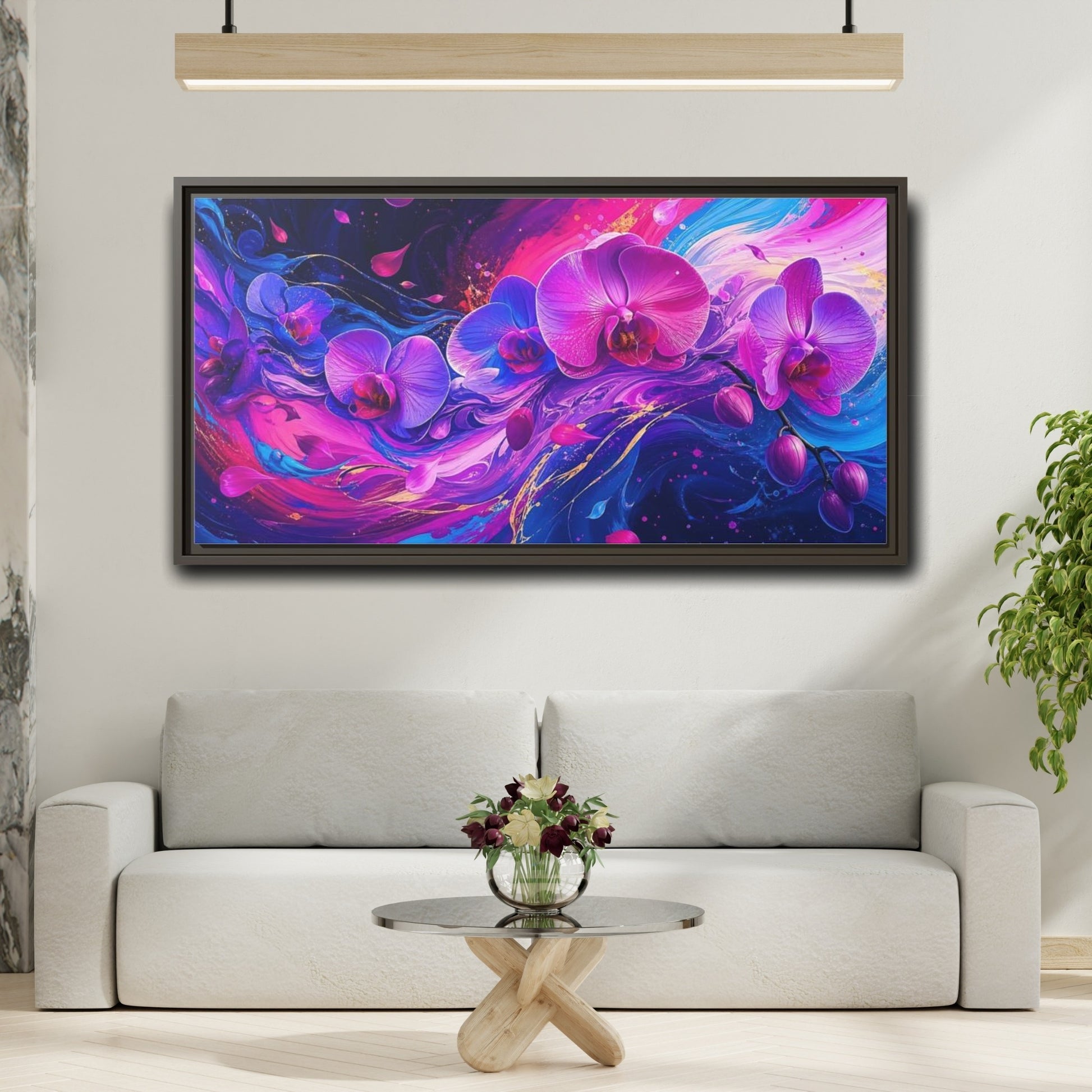 Mockup 2. Neon Orchid Swirl shown as framed canvas print