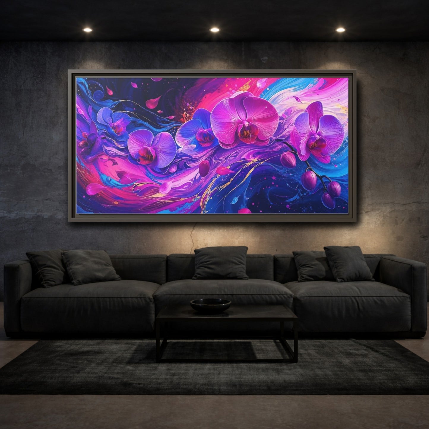 Mockup 3. Neon Orchid Swirl shown as framed canvas print