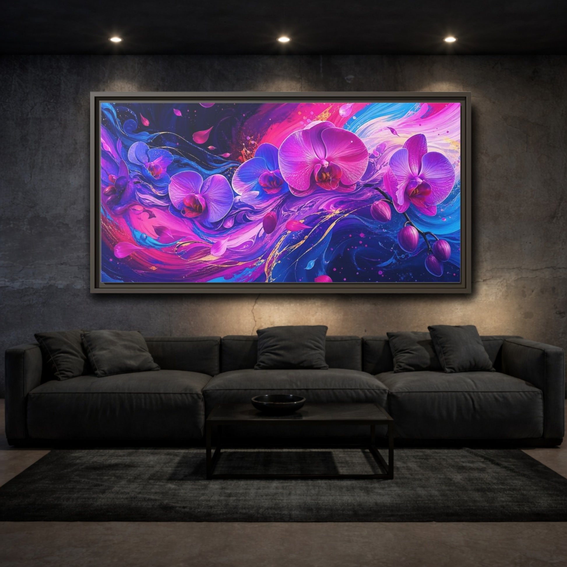 Mockup 3. Neon Orchid Swirl shown as framed canvas print