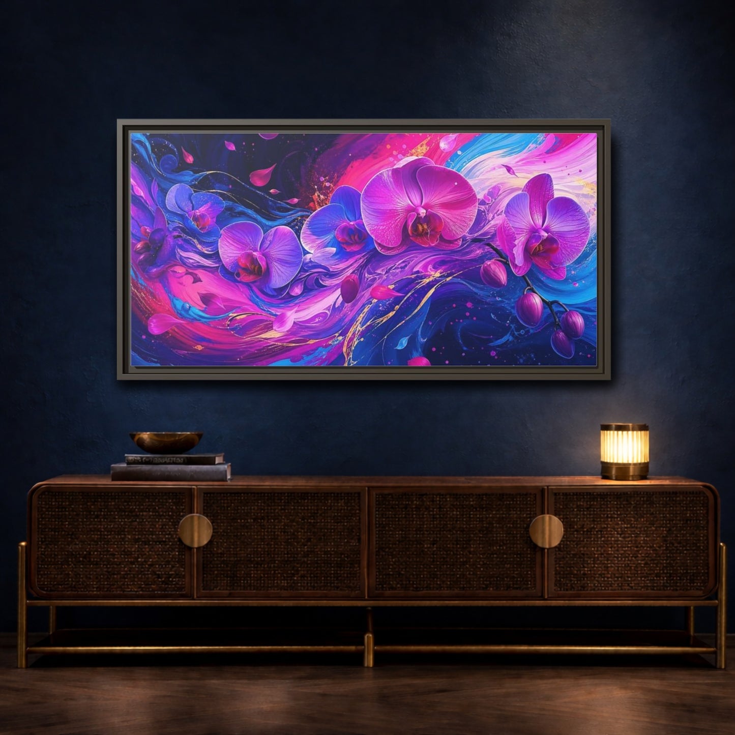 Mockup 4. Neon Orchid Swirl shown as framed canvas print