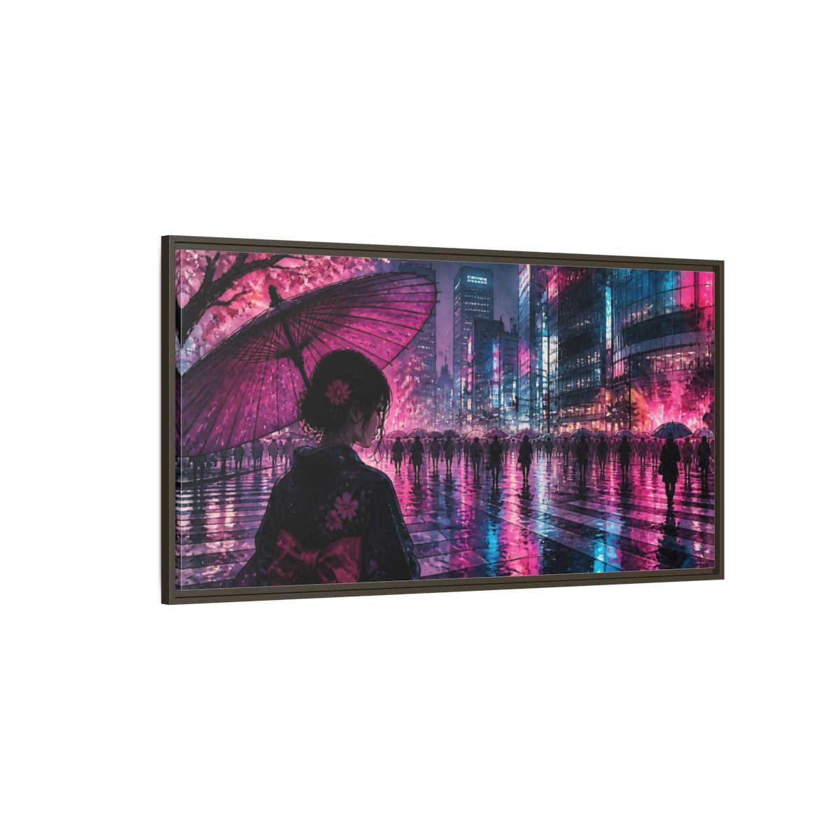 Side Mockup 4. Neon Rain Tokyo Crossing shown as framed canvas print
