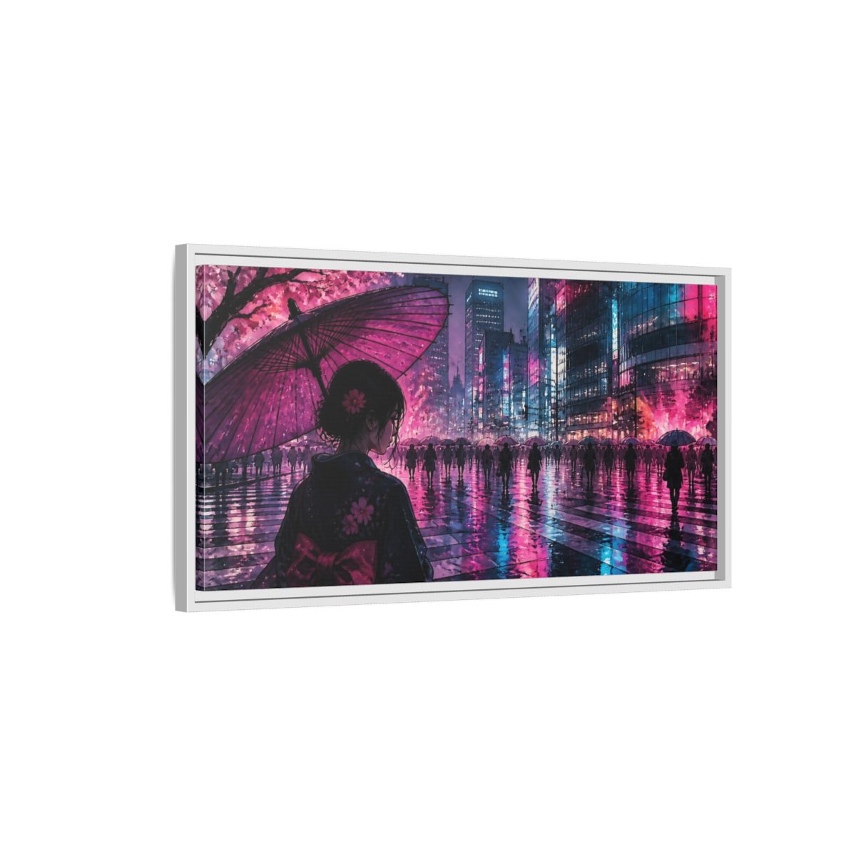 Side Mockup 1. Neon Rain Tokyo Crossing shown as framed canvas print