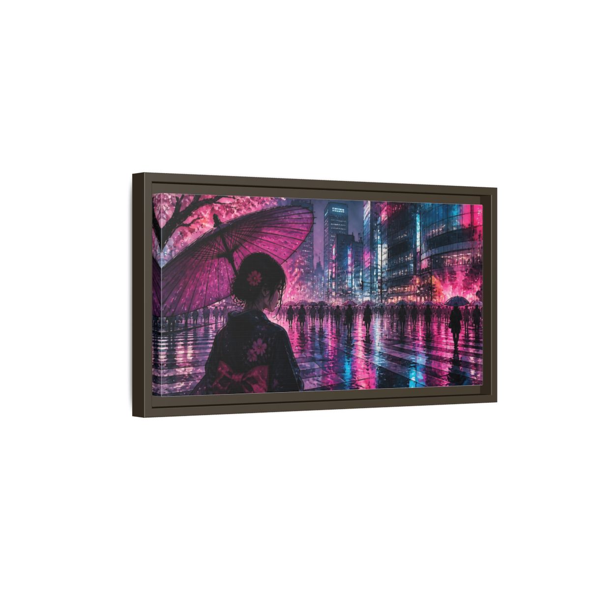 Side Mockup 7. Neon Rain Tokyo Crossing shown as framed canvas print