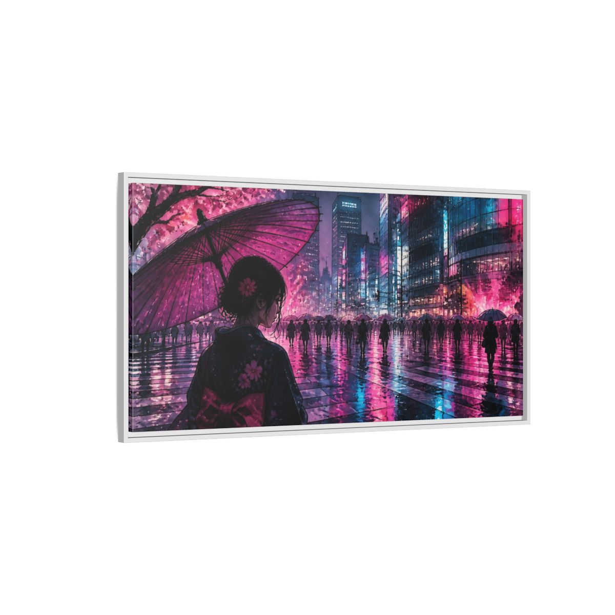 Side Mockup 3. Neon Rain Tokyo Crossing shown as framed canvas print