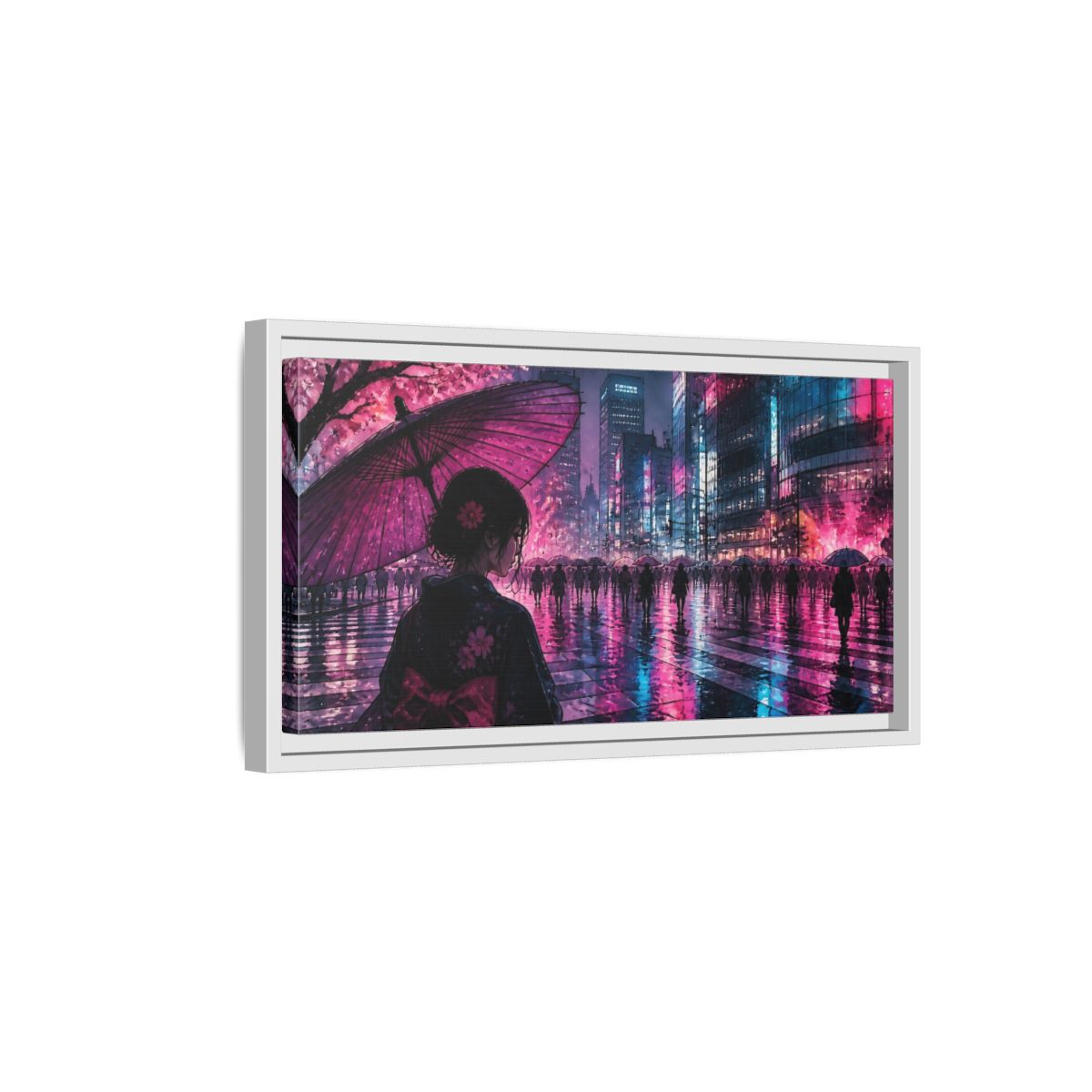 Side Mockup 6. Neon Rain Tokyo Crossing shown as framed canvas print