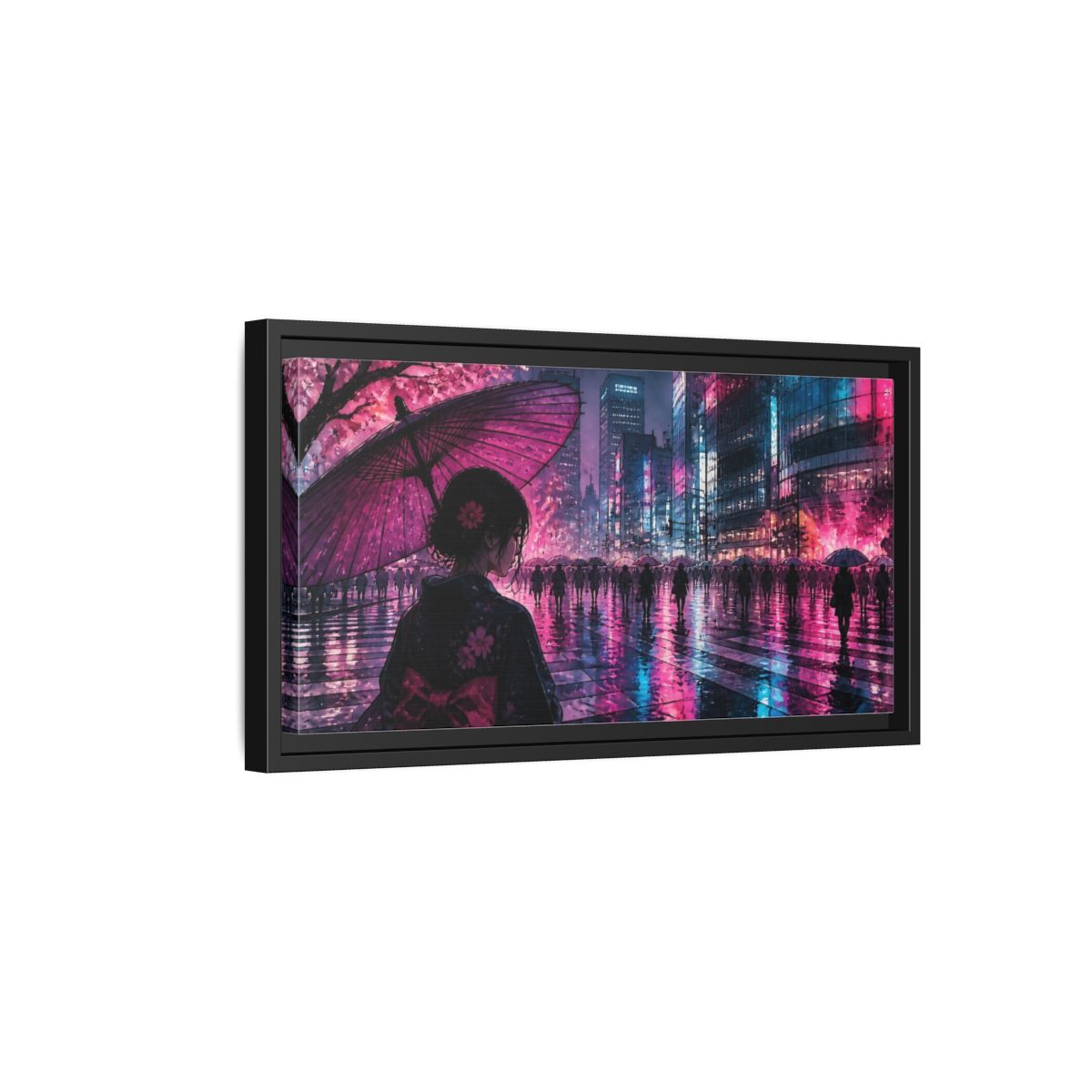 Side Mockup 8. Neon Rain Tokyo Crossing shown as framed canvas print