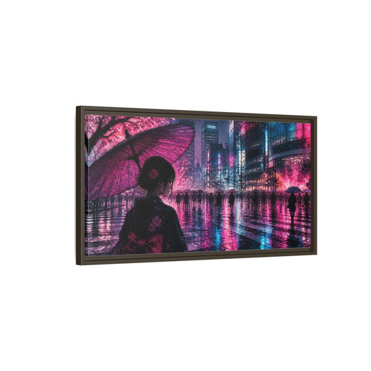 Main Mockup. Neon Rain Tokyo Crossing shown as framed canvas print
