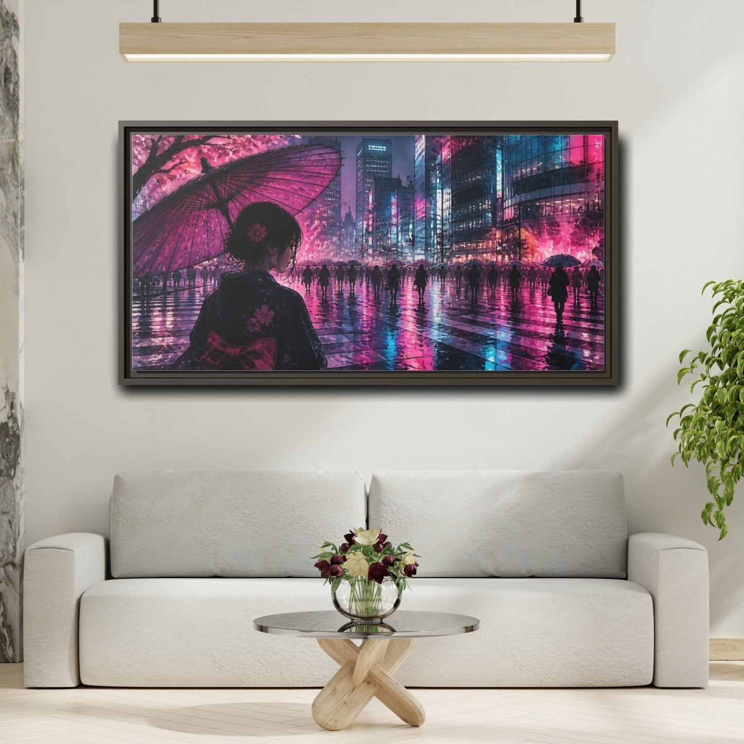 Mockup 2. Neon Rain Tokyo Crossing shown as framed canvas print