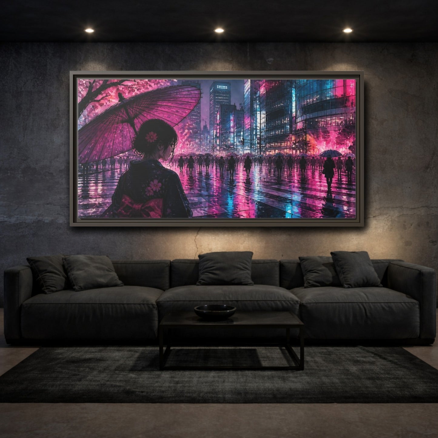 Mockup 3. Neon Rain Tokyo Crossing shown as framed canvas print