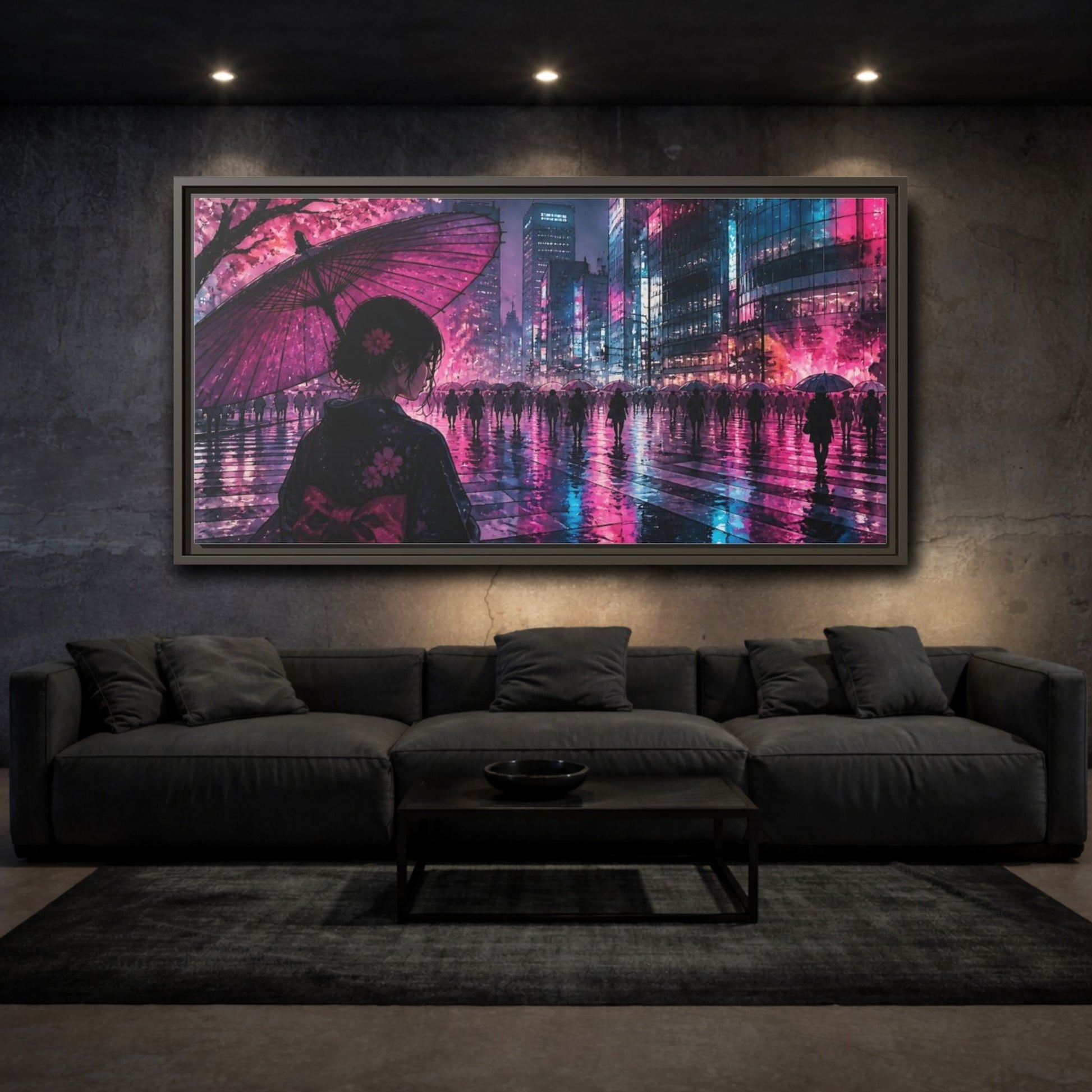 Mockup 3. Neon Rain Tokyo Crossing shown as framed canvas print
