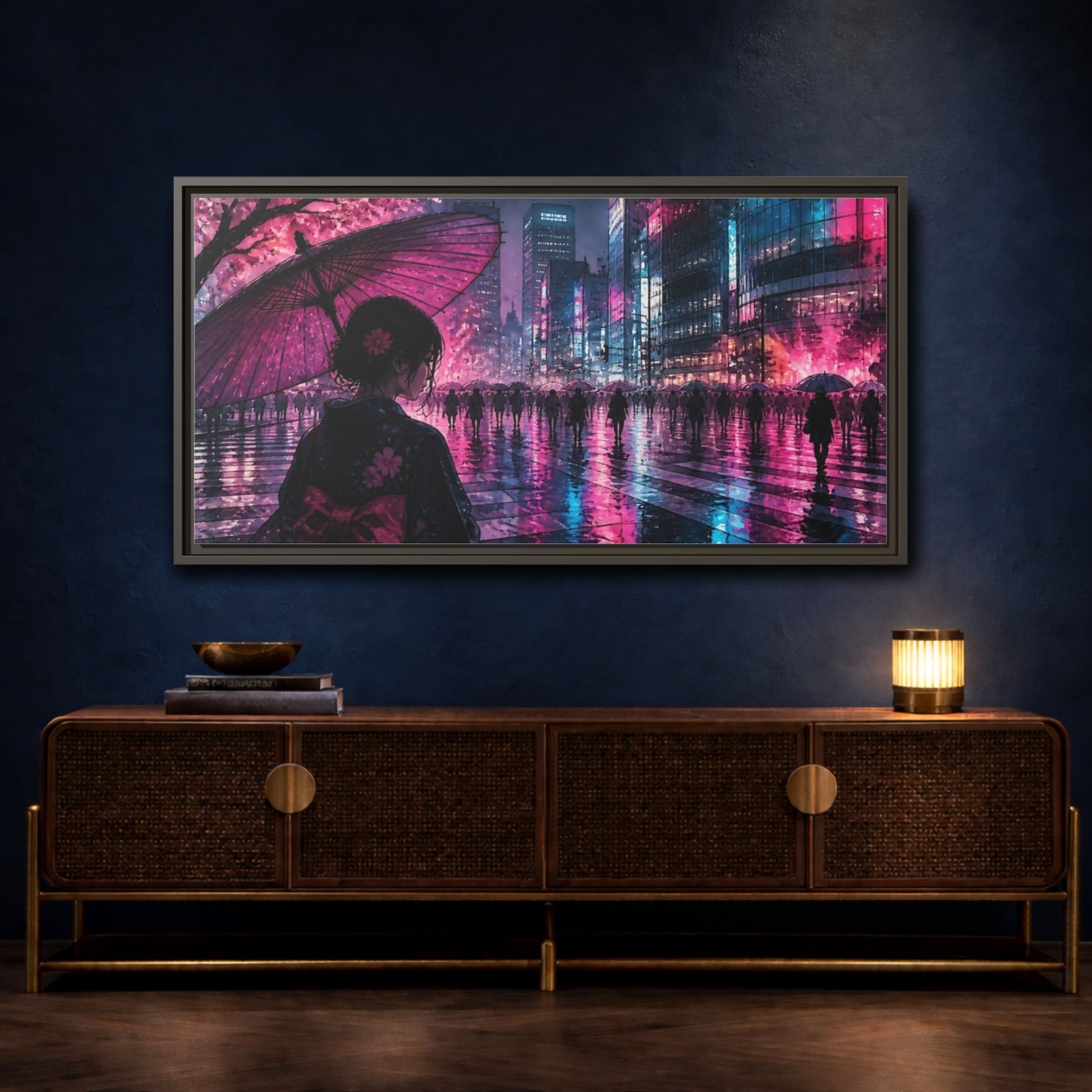 Mockup 4. Neon Rain Tokyo Crossing shown as framed canvas print