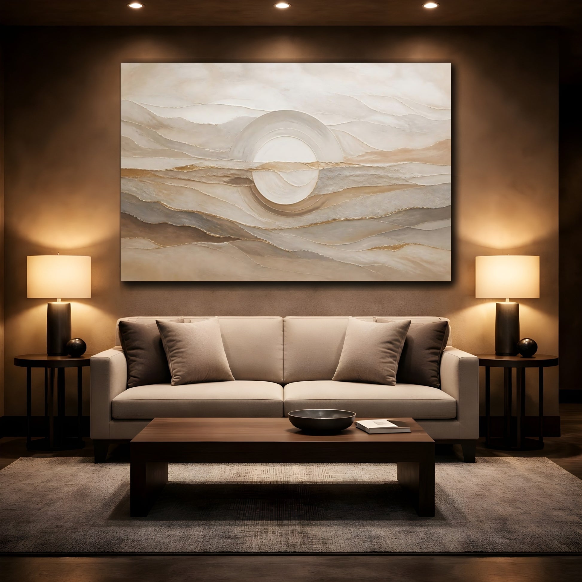 Mockup 2. Neutral Layered Horizon Circle shown as canvas print