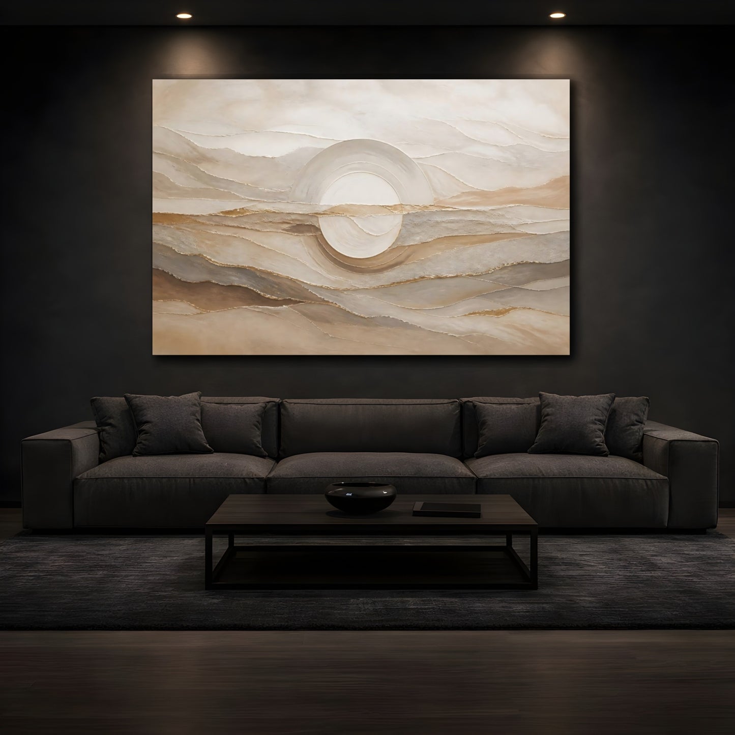 Mockup 3. Neutral Layered Horizon Circle shown as canvas print