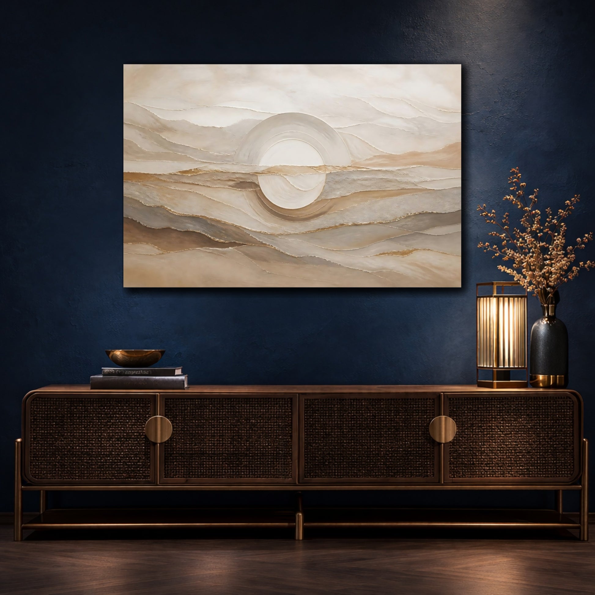 Mockup 4. Neutral Layered Horizon Circle shown as canvas print