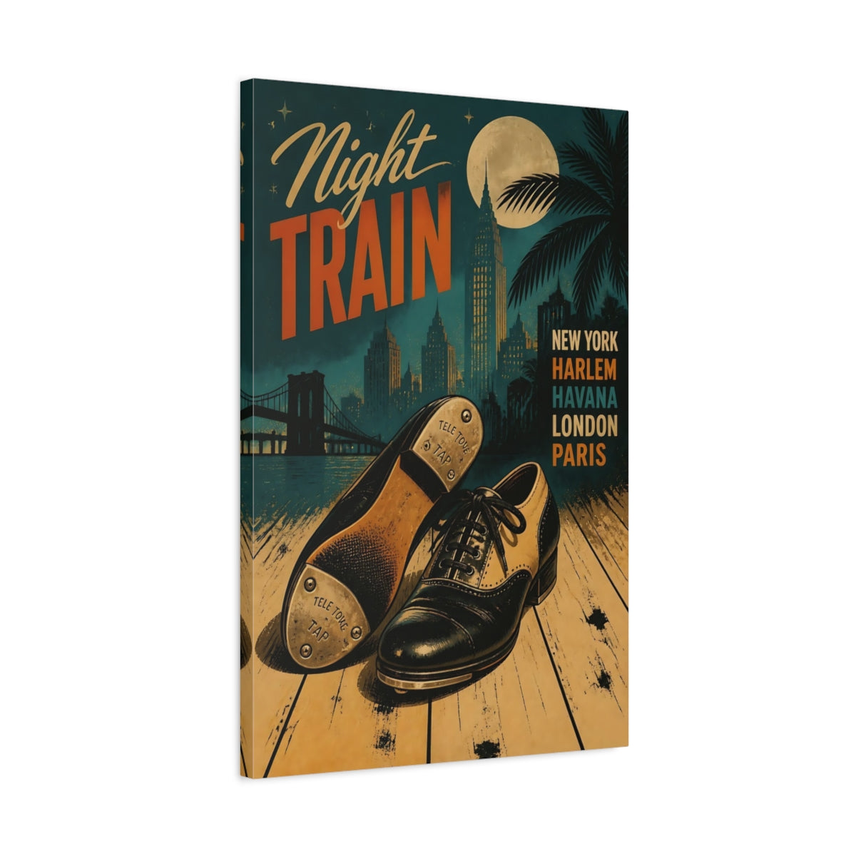 Side Mockup 2. Night Train Tap Shoes shown as canvas print