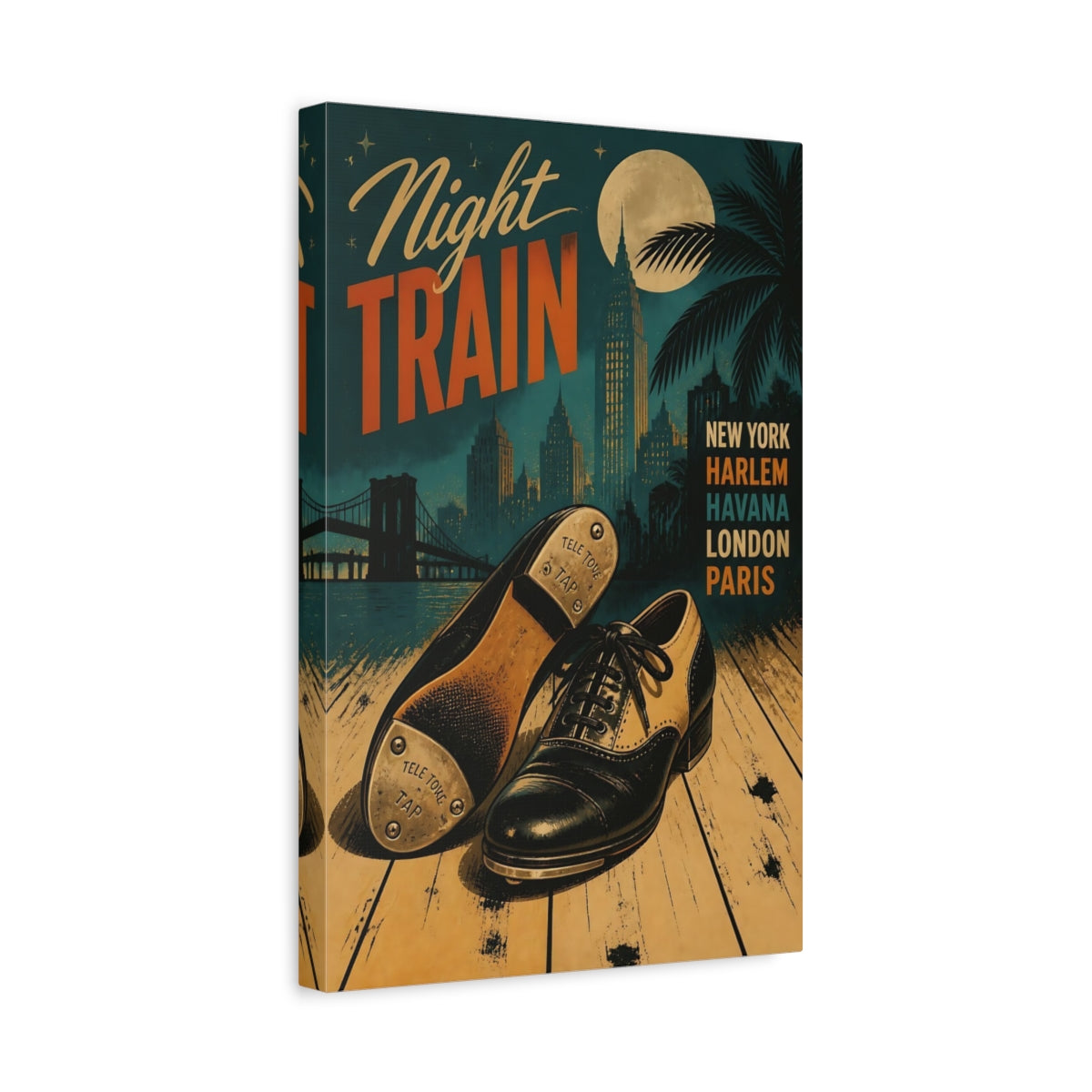 Side Mockup 4. Night Train Tap Shoes shown as canvas print