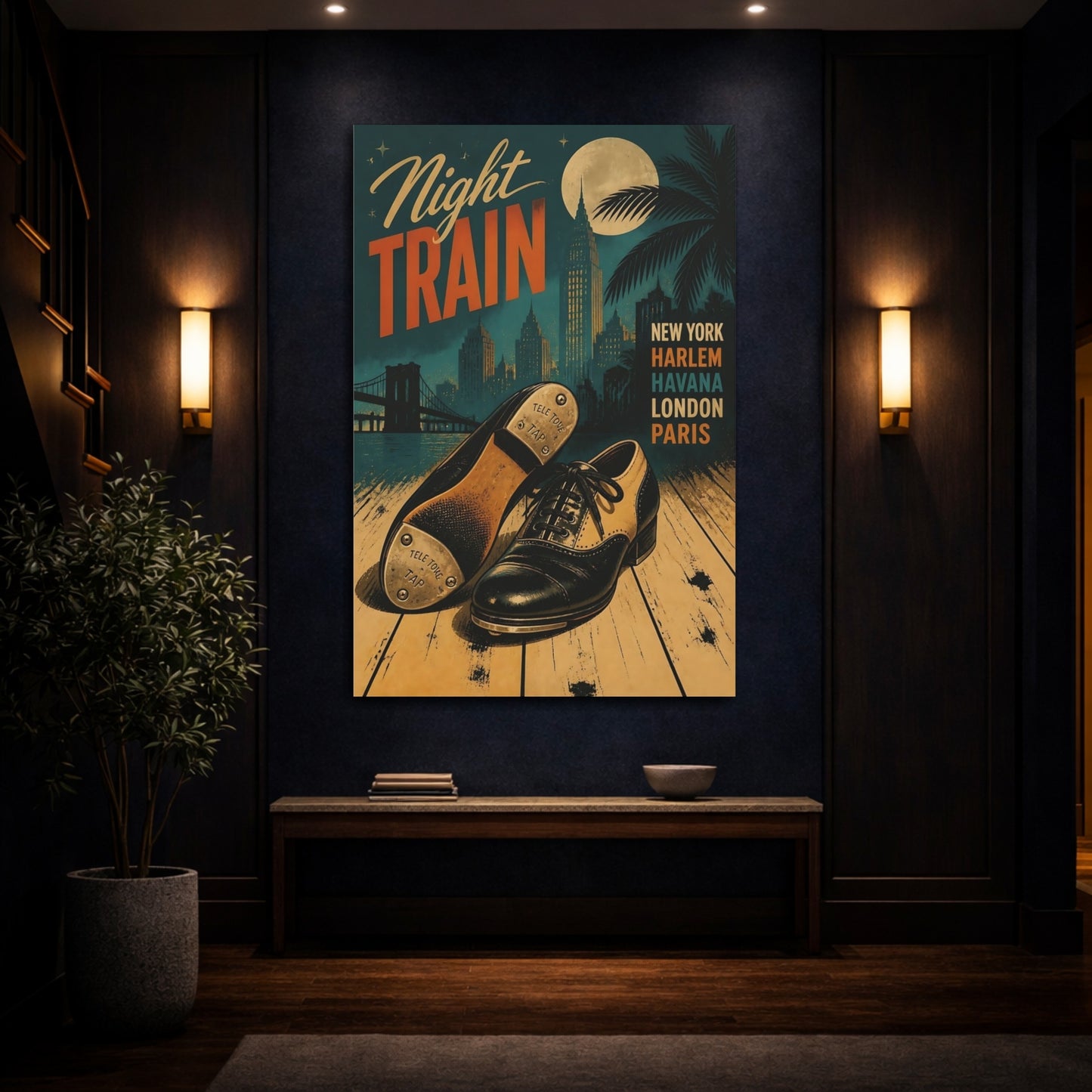 Mockup 4. Night Train Tap Shoes shown as canvas print
