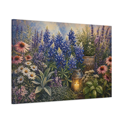 Main Mockup. Noir Botanical Painting Blush Texas Bluebonnets Across Herb Garden Near Candle Glow shown as stretched canvas wall art