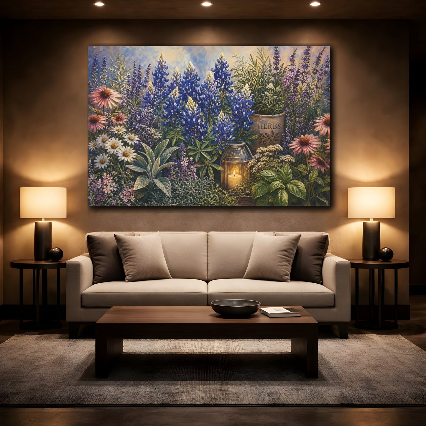 Mockup 2. Noir Botanical Painting Blush Texas Bluebonnets Across Herb Garden Near Candle Glow shown as stretched canvas wall art