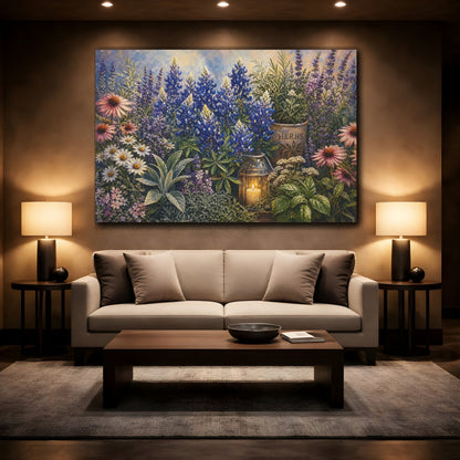 Mockup 2. Noir Botanical Painting Blush Texas Bluebonnets Across Herb Garden Near Candle Glow shown as stretched canvas wall art