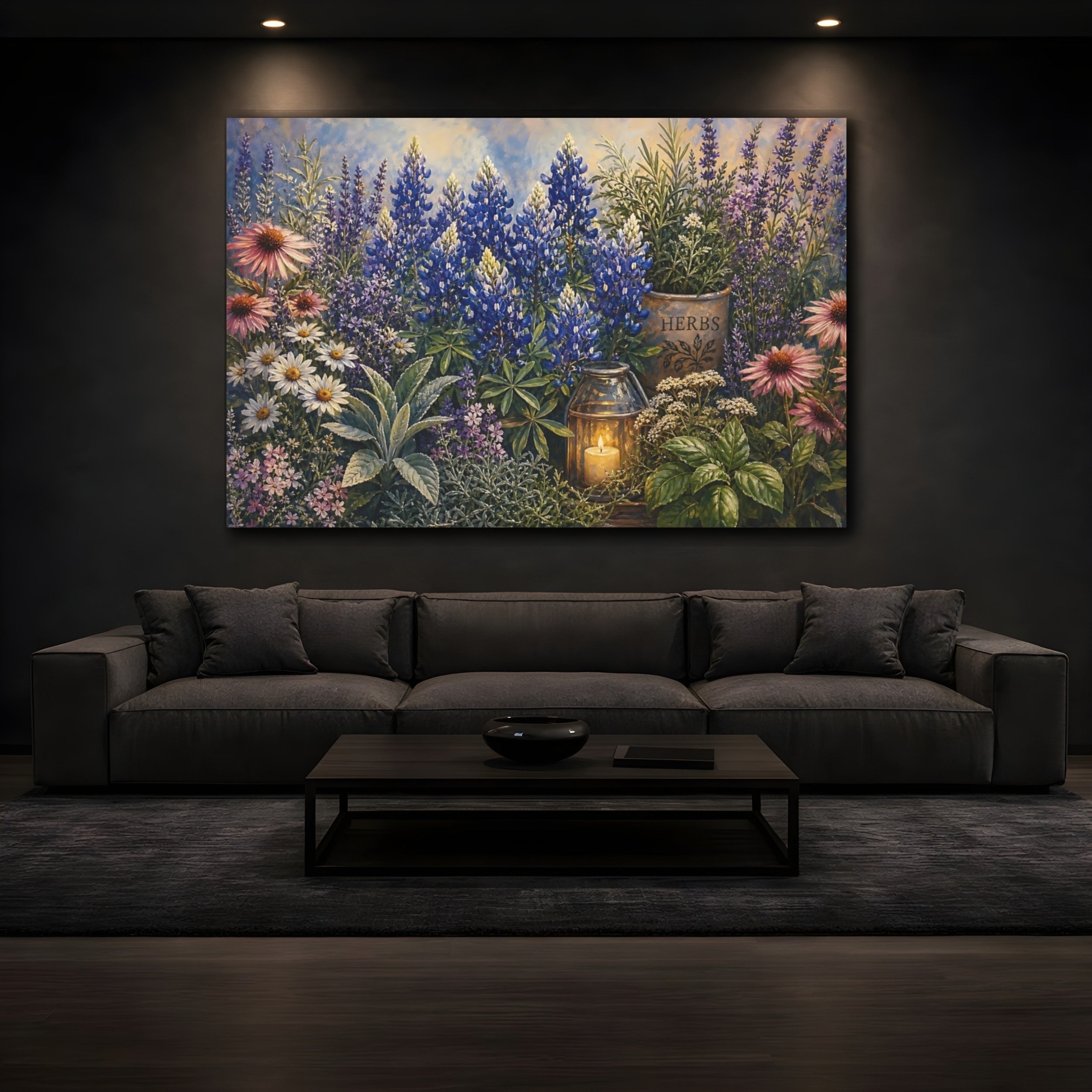 Mockup 3. Noir Botanical Painting Blush Texas Bluebonnets Across Herb Garden Near Candle Glow shown as stretched canvas wall art