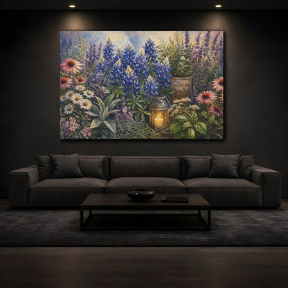 Mockup 3. Noir Botanical Painting Blush Texas Bluebonnets Across Herb Garden Near Candle Glow shown as stretched canvas wall art