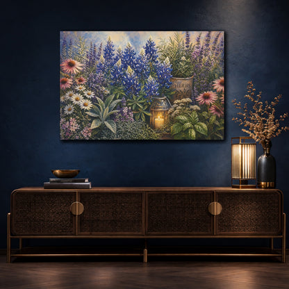 Mockup 4. Noir Botanical Painting Blush Texas Bluebonnets Across Herb Garden Near Candle Glow shown as stretched canvas wall art
