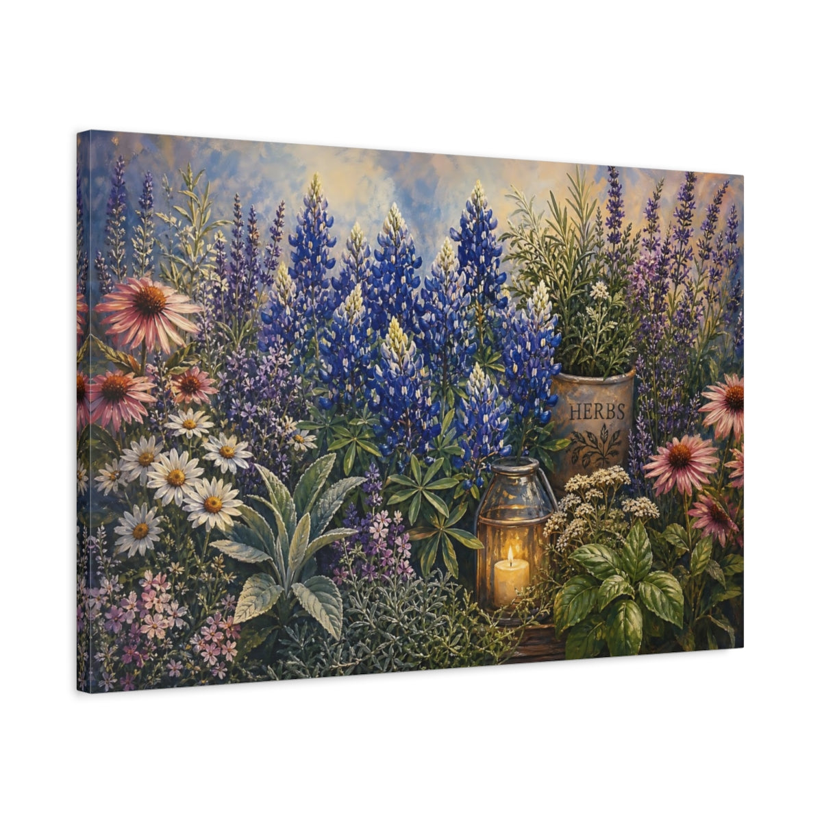 Side Mockup 2. Noir Botanical Painting Blush Texas Bluebonnets Across Herb Garden Near Candle Glow shown as stretched canvas wall art