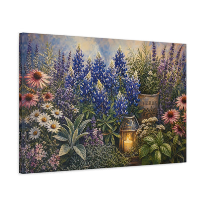 Side Mockup 2. Noir Botanical Painting Blush Texas Bluebonnets Across Herb Garden Near Candle Glow shown as stretched canvas wall art