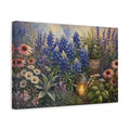 Side Mockup 4. Noir Botanical Painting Blush Texas Bluebonnets Across Herb Garden Near Candle Glow shown as stretched canvas wall art