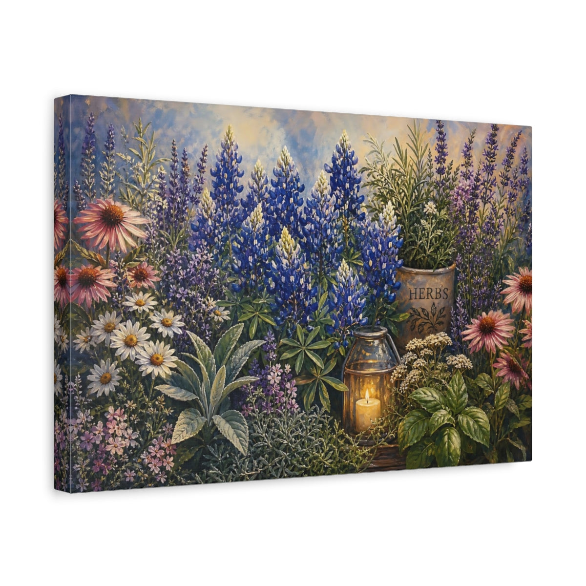 Side Mockup 4. Noir Botanical Painting Blush Texas Bluebonnets Across Herb Garden Near Candle Glow shown as stretched canvas wall art