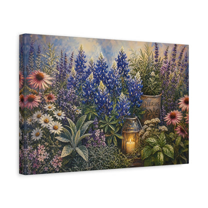 Side Mockup 4. Noir Botanical Painting Blush Texas Bluebonnets Across Herb Garden Near Candle Glow shown as stretched canvas wall art
