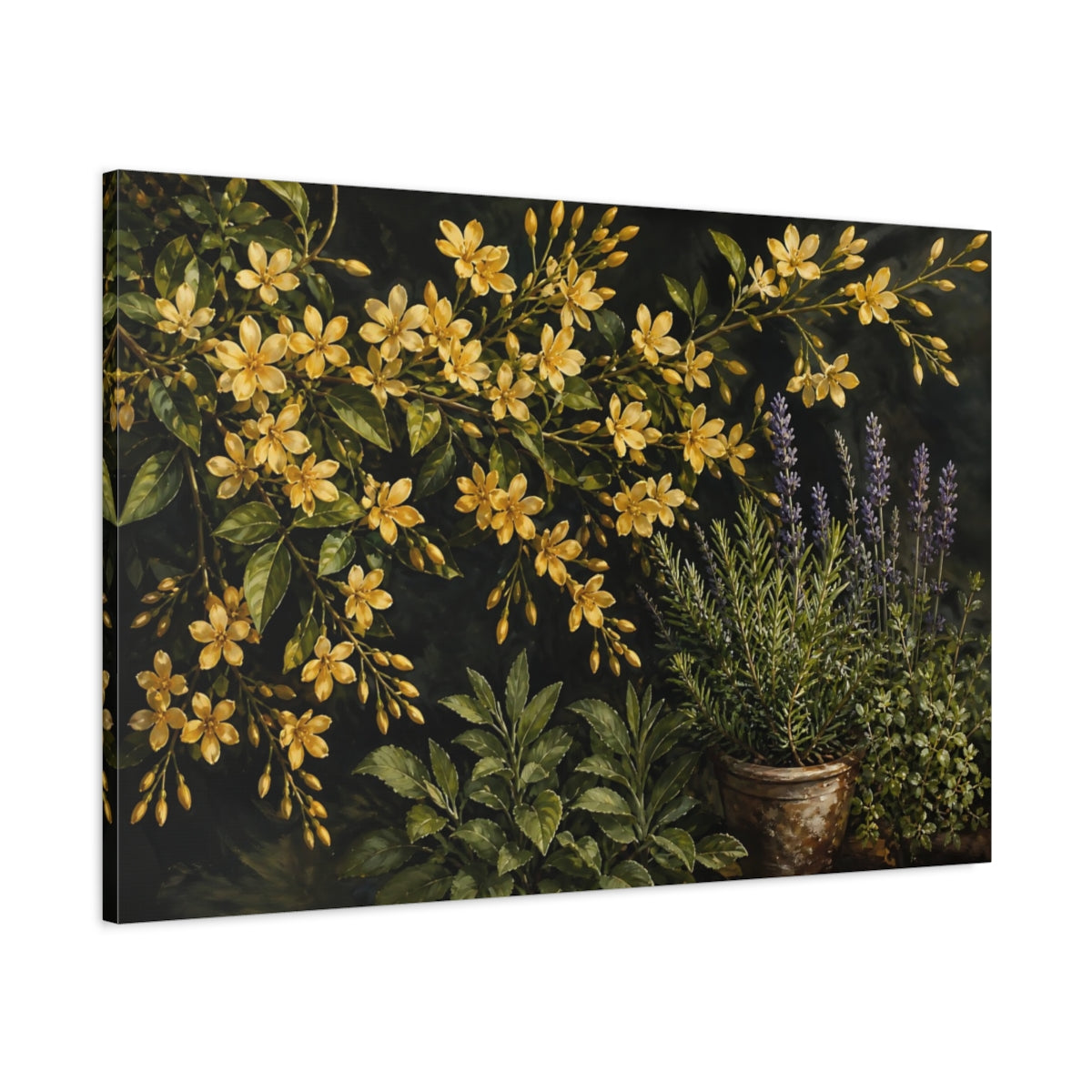 Main Mockup. Noir Botanical Painting Golden Jasmine Sprays Against Herb Garden shown as stretched canvas wall art