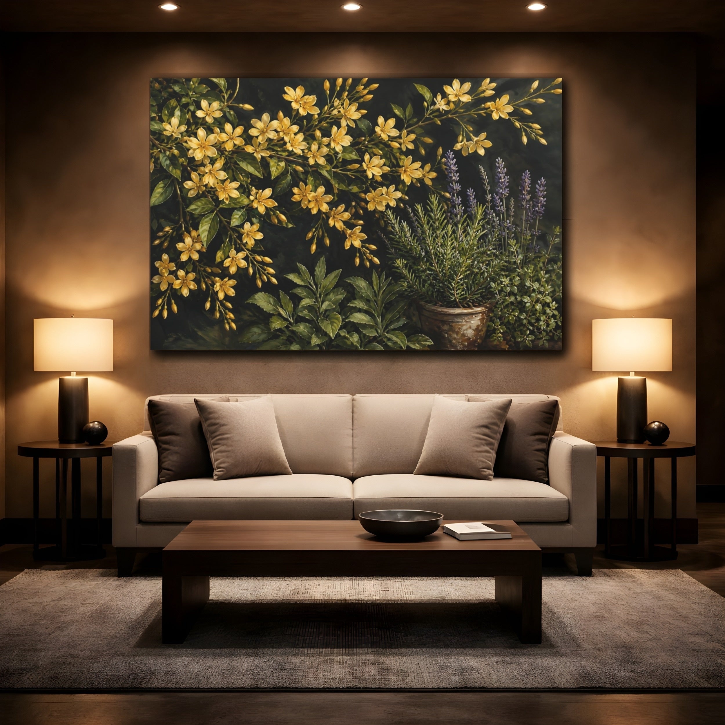 Mockup 2. Noir Botanical Painting Golden Jasmine Sprays Against Herb Garden shown as stretched canvas wall art
