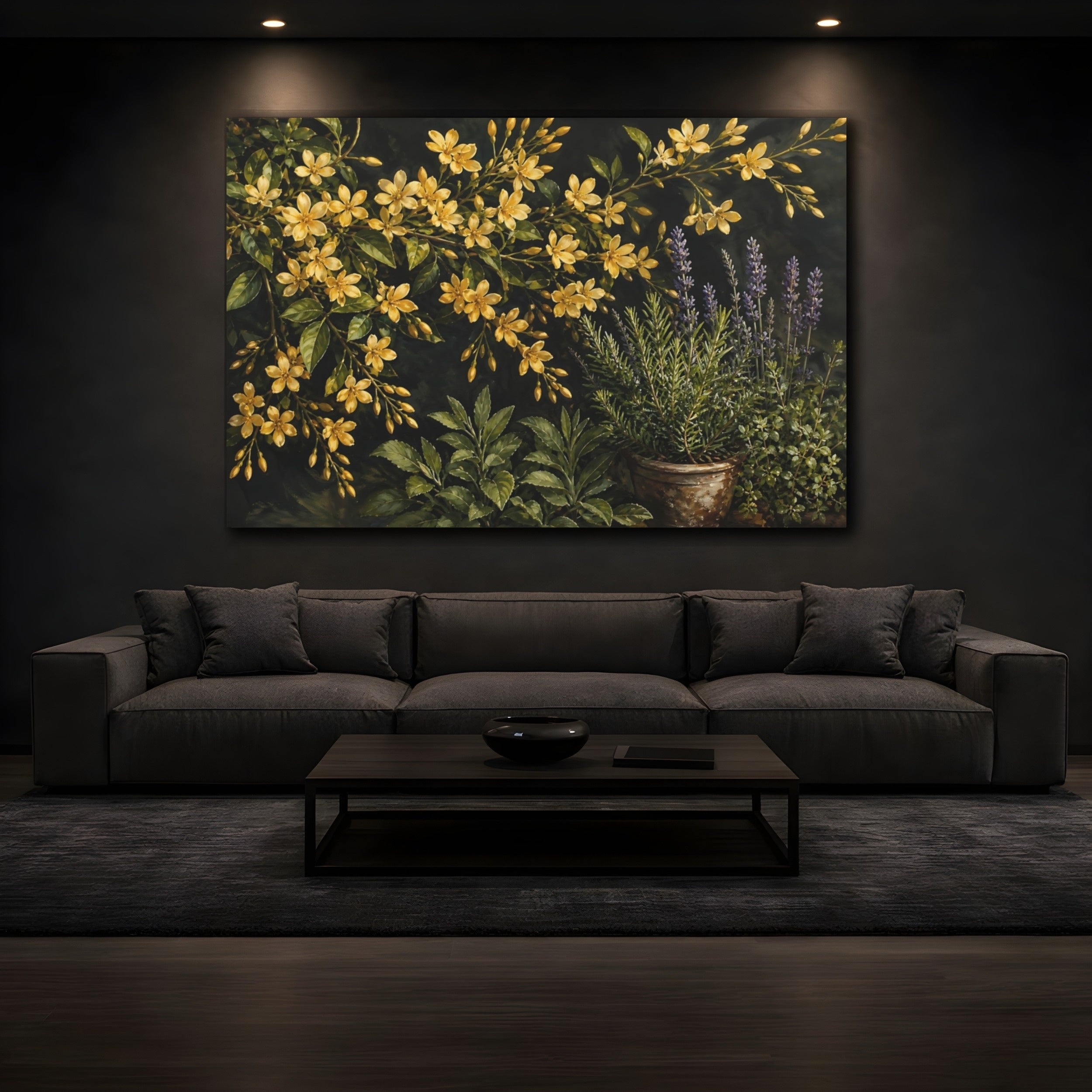 Mockup 3. Noir Botanical Painting Golden Jasmine Sprays Against Herb Garden shown as stretched canvas wall art