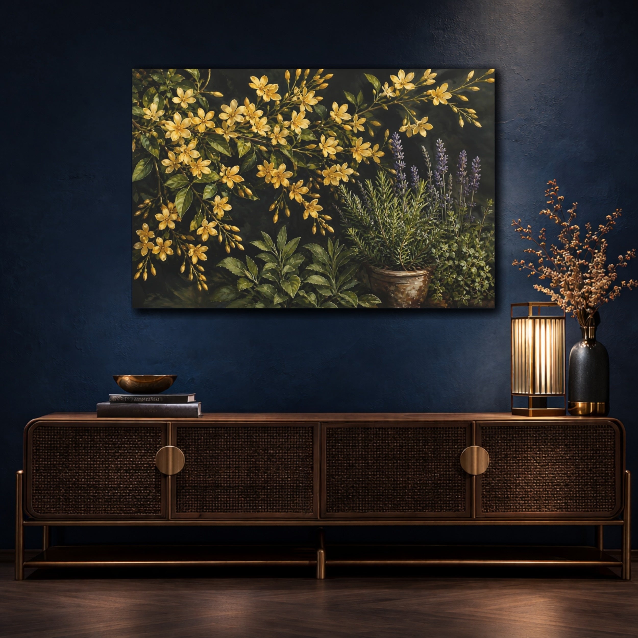 Mockup 4. Noir Botanical Painting Golden Jasmine Sprays Against Herb Garden shown as stretched canvas wall art