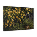 Side Mockup 4. Noir Botanical Painting Golden Jasmine Sprays Against Herb Garden shown as stretched canvas wall art