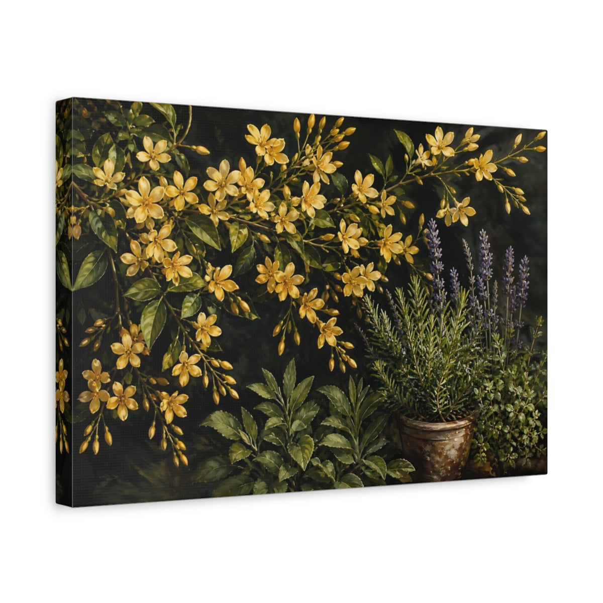 Side Mockup 4. Noir Botanical Painting Golden Jasmine Sprays Against Herb Garden shown as stretched canvas wall art