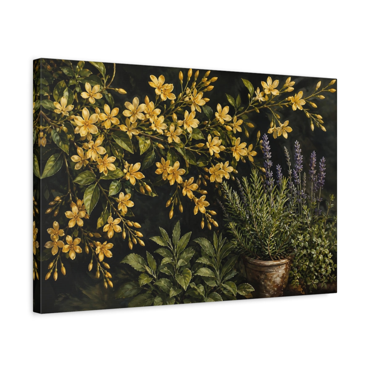 Side Mockup 3. Noir Botanical Painting Golden Jasmine Sprays Against Herb Garden shown as stretched canvas wall art