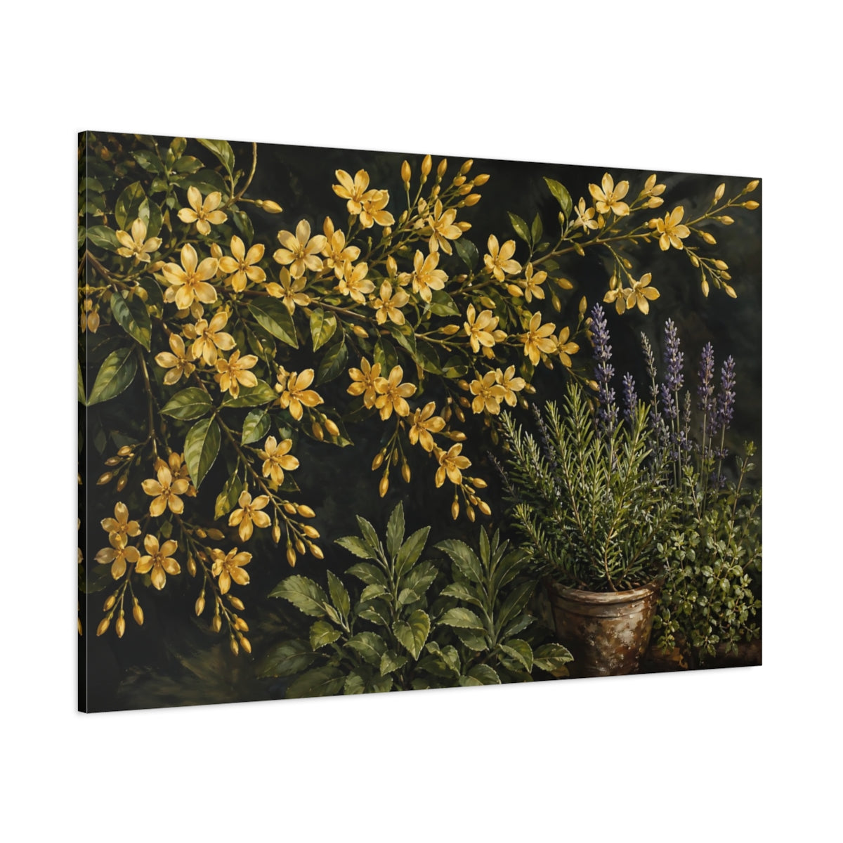 Side Mockup 1. Noir Botanical Painting Golden Jasmine Sprays Against Herb Garden shown as stretched canvas wall art