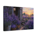 Side Mockup 4. Noir Botanical Painting Lavender Along Barn Doorway During Early Dawn shown as stretched canvas wall art
