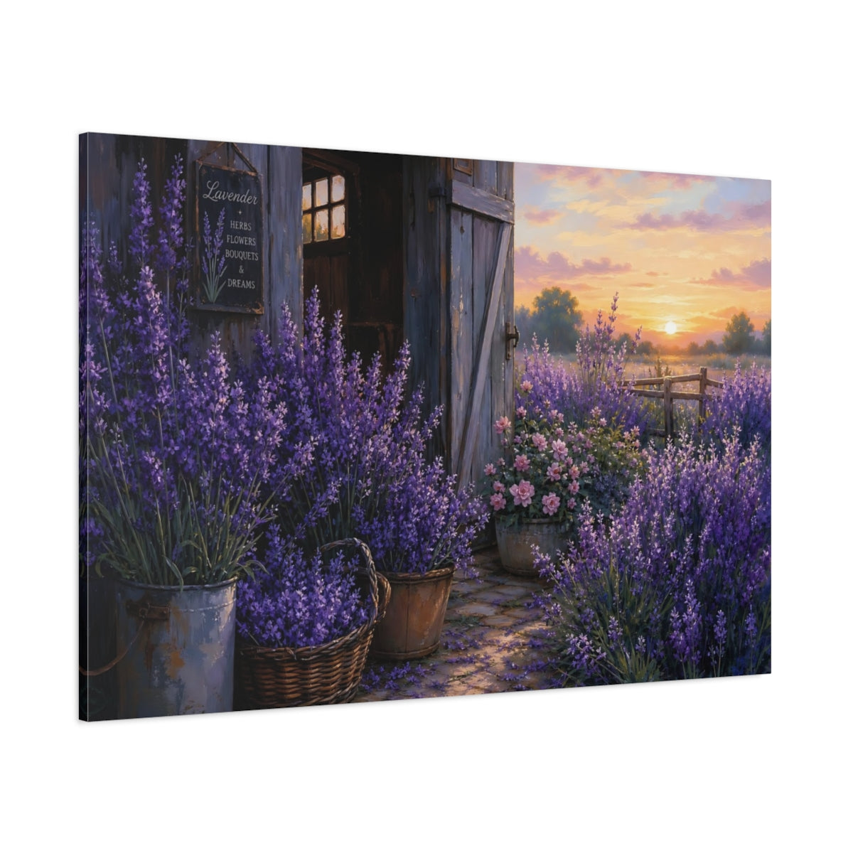 Side Mockup 1. Noir Botanical Painting Lavender Along Barn Doorway During Early Dawn shown as stretched canvas wall art