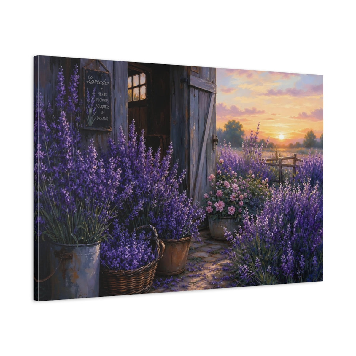 Main Mockup. Noir Botanical Painting Lavender Along Barn Doorway During Early Dawn shown as stretched canvas wall art